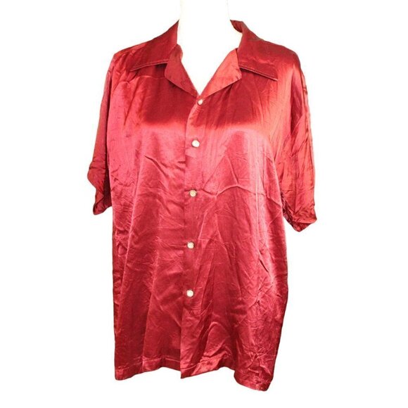 VTG Red Balls on Fire London LA Satin Feel Maroon Button Down Short Sleeve XL - Picture 1 of 7